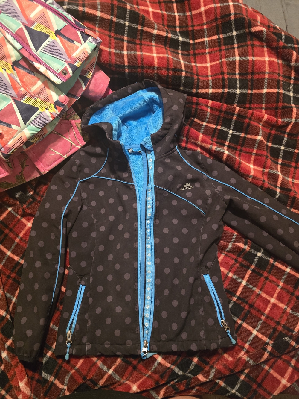 Snozu Black Jacket with Purple Polka Dots and Bright Blue Trim